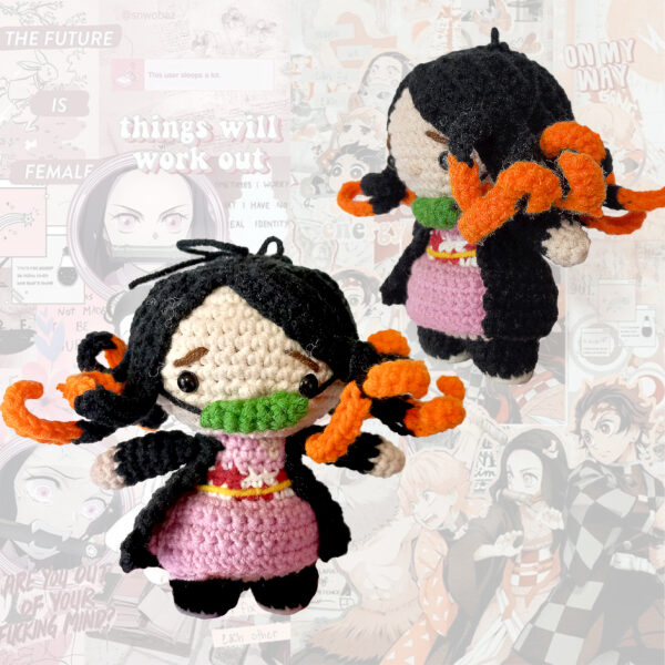 Игрушка вязаная Незуко Камадо, Клинок рассекающий демонов. Amigurumi Nezuko Kamado,Demon Slayer doll